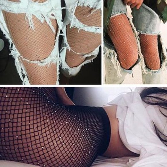 Sexy Rhinestone Bling High Waist Fishnet Stockings - Picture 2 of 6